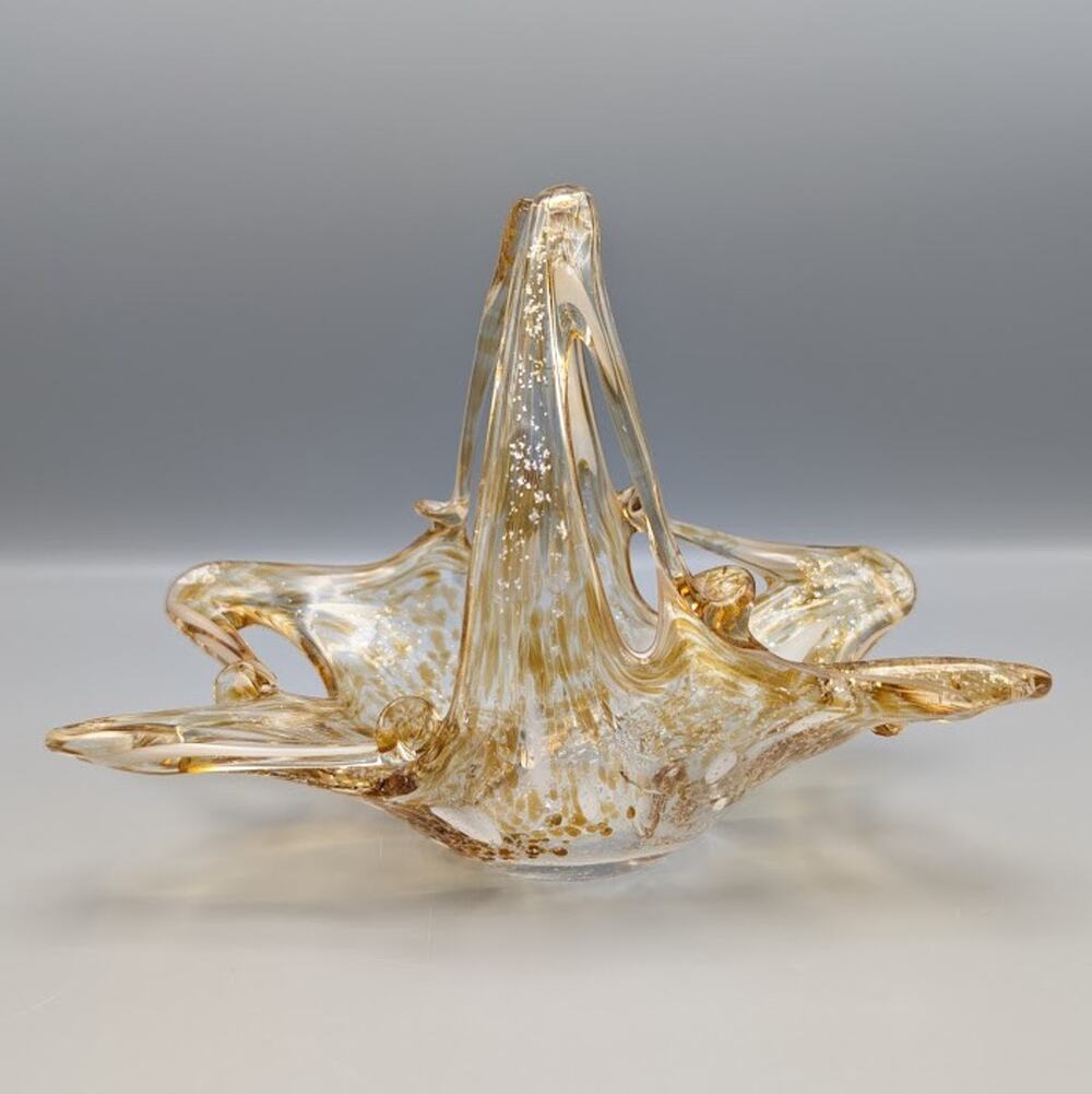 Vintage Murano Style Amber Gold Fleck Art Glass Basket Dish MCM Fall Table Decor - Picture 1 of 10